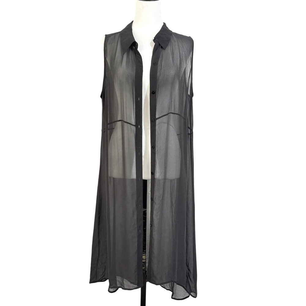 Eileen Fisher Black 100% Silk Sheer Sleeveless Longline Duster Vest Large A291